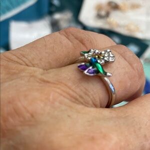 Source Unknown Silver-tone Floral Ring with Green, Blue & Purple Enamel